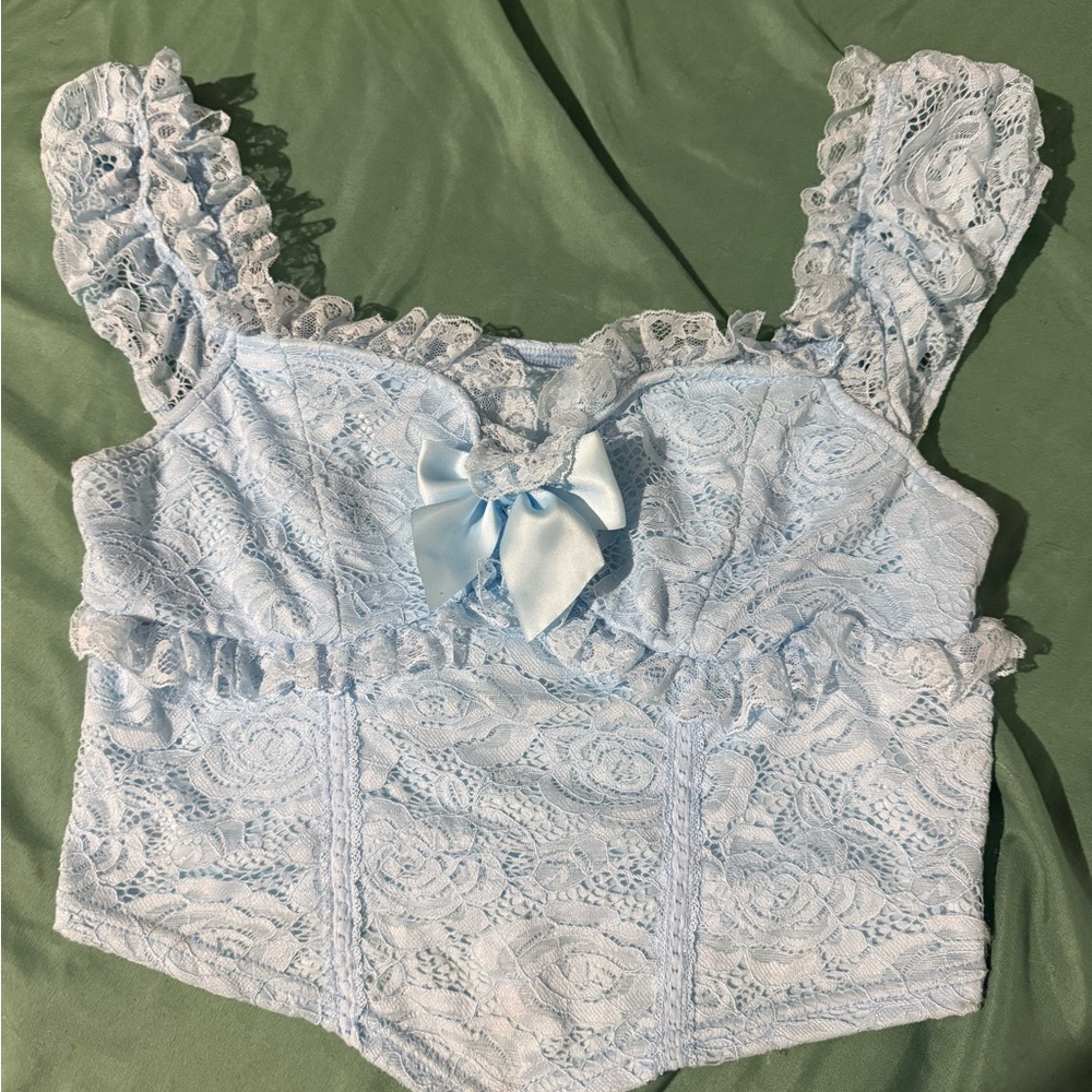 SHEIN Sky Blue Lace Detail Blouse